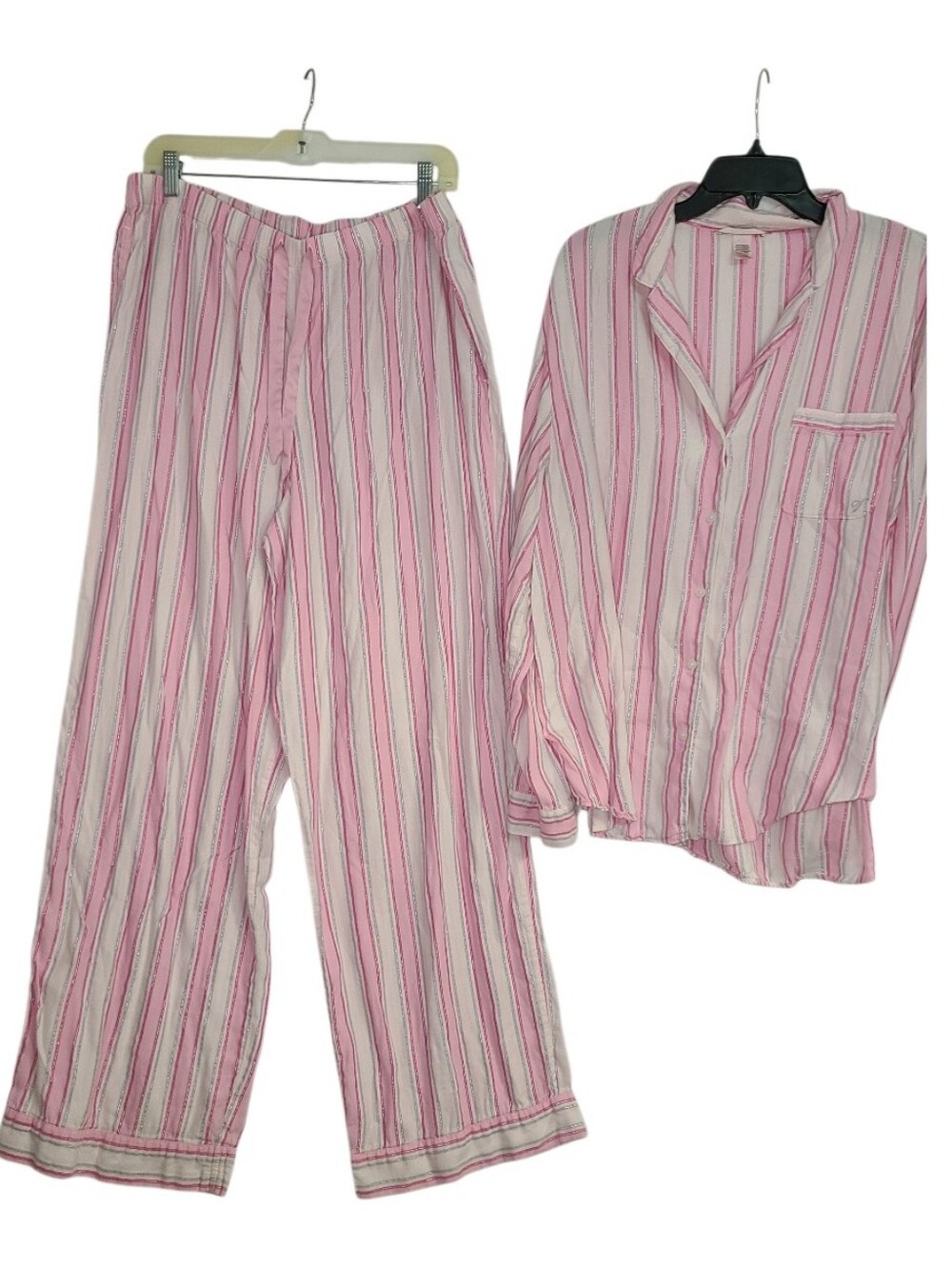 Victoria's Secret Pink White Striped Metallic Pajama Set XL Long